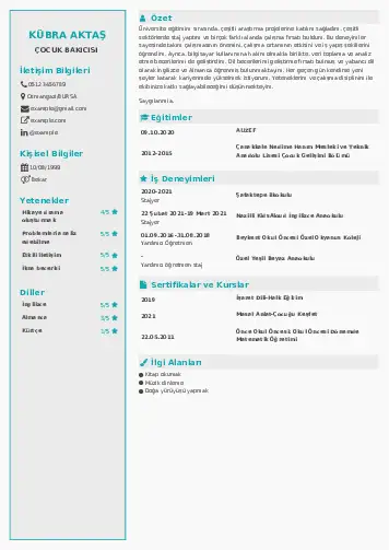 Çocuk Bakıcısı CV Örnekleri cv indir